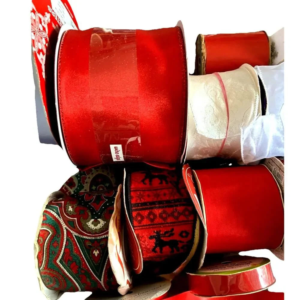 VTG 15 Christmas Holiday Gift Wrapping Ribbon Roll RED White velvet Satin Lot 15